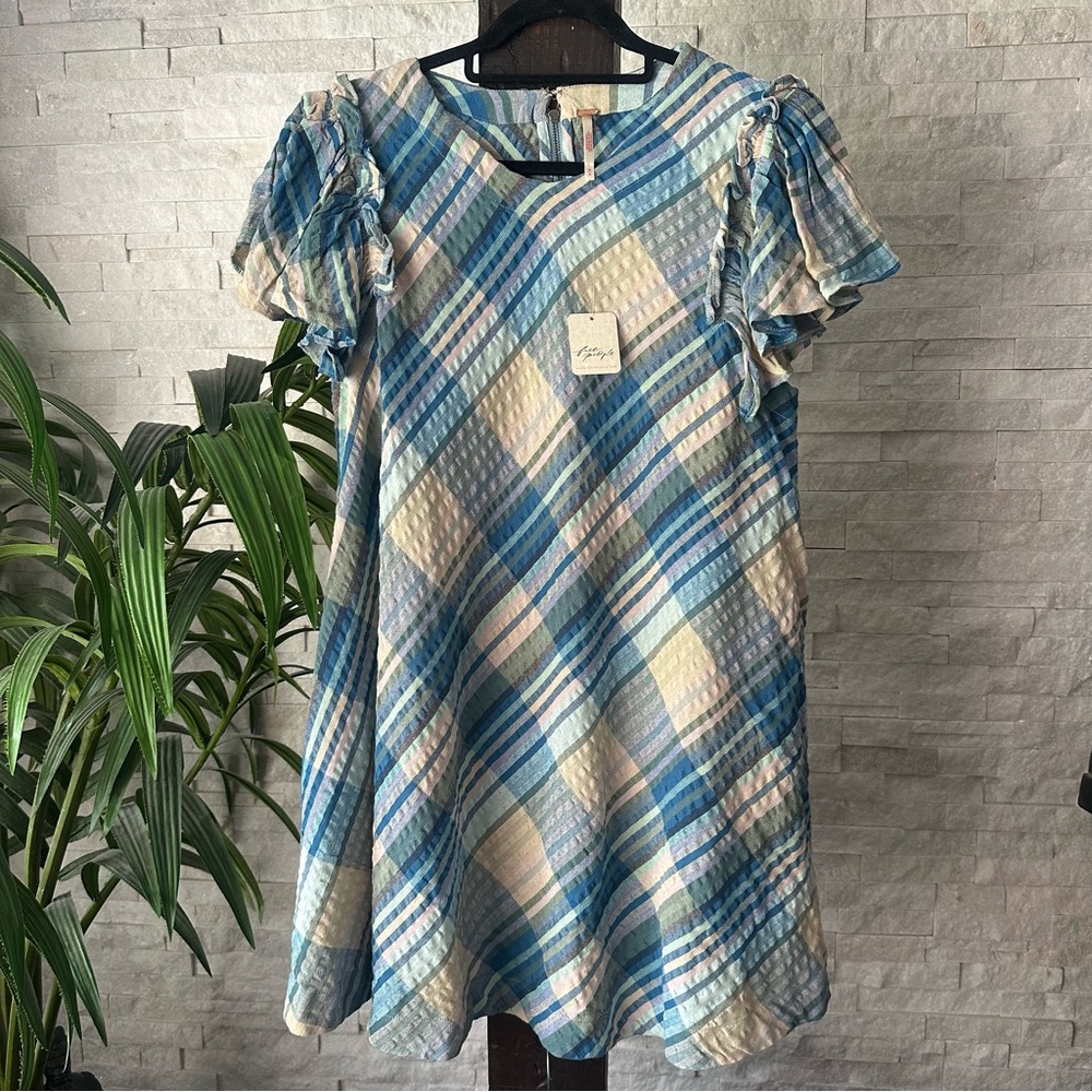 FREE PEOPLE Yara Plaid Mini Cotton Dress Blue Tan Surfin Combo Size M NWT
